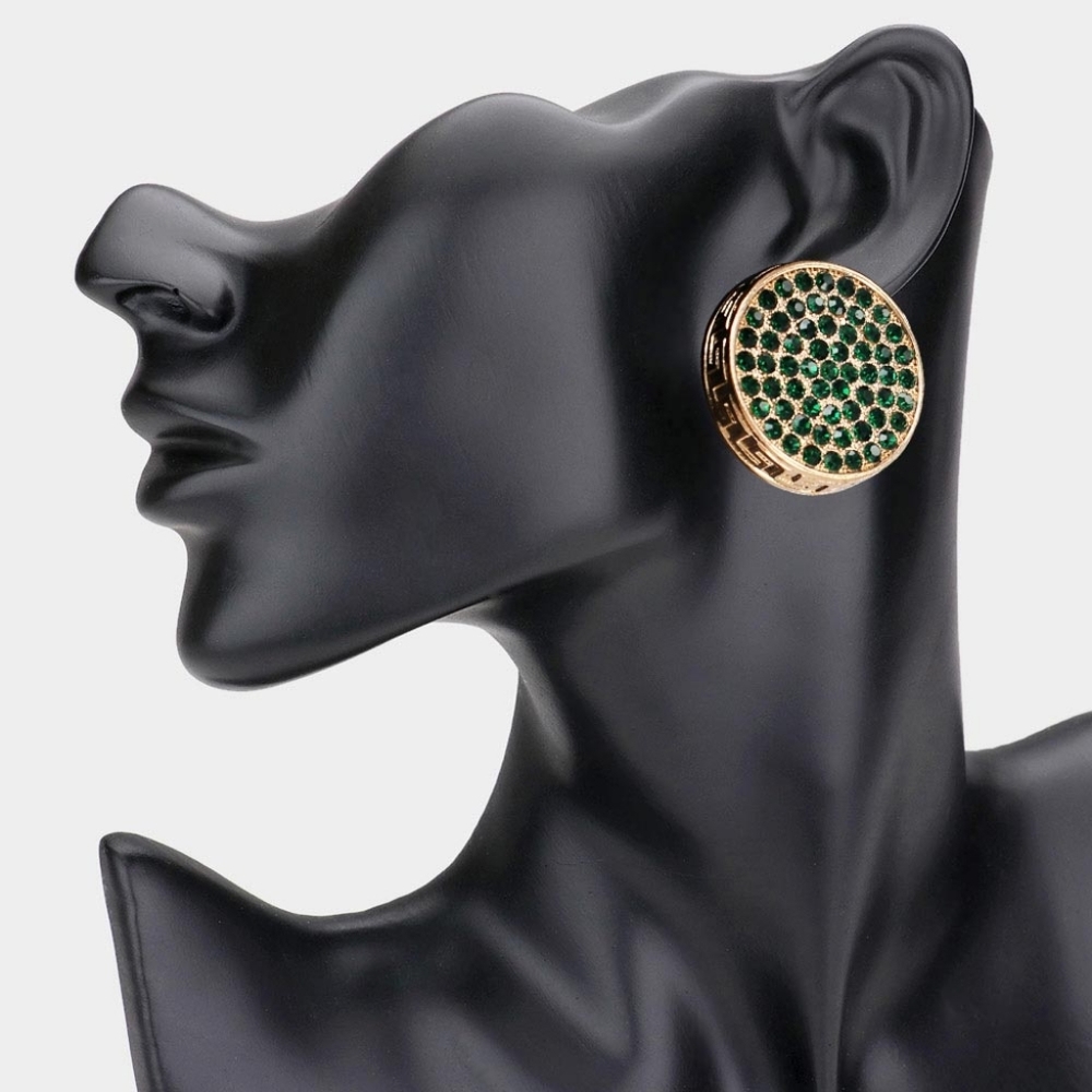 Emerald Green Gold Greek Key Patterned Rhinestone Crystal Round Stud Earrings